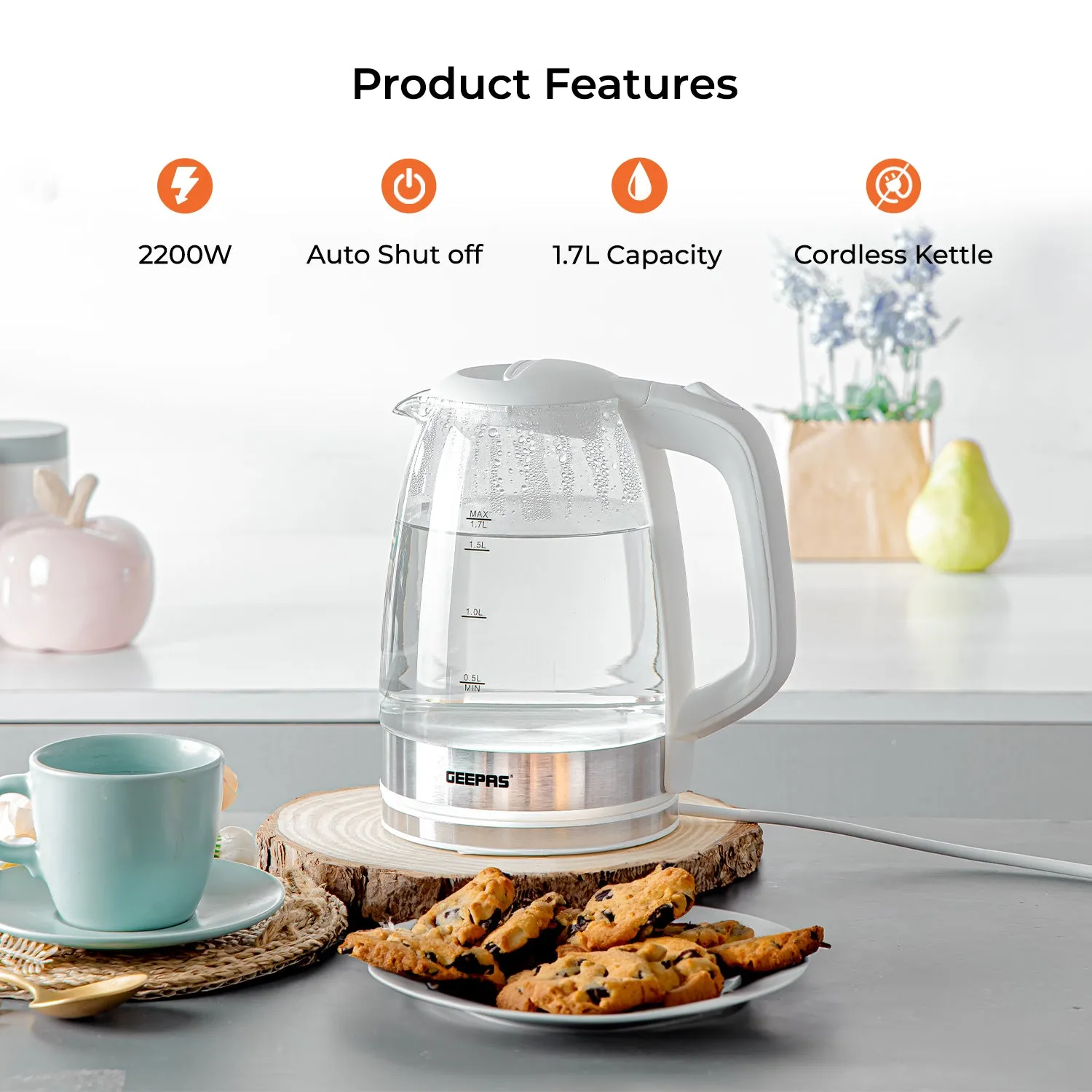 1.7L LED Rapid Boil White Glass Electric Kettle