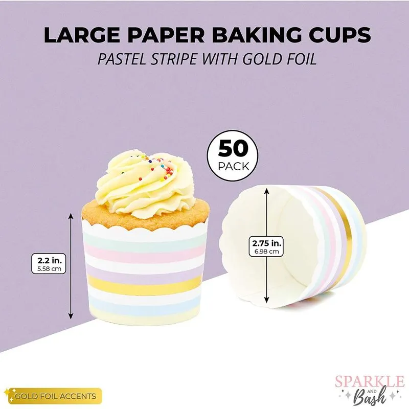 50-Pack Muffin Liners - Pastel and Gold Foil Striped Cupcake Wrappers Paper Baking Cups