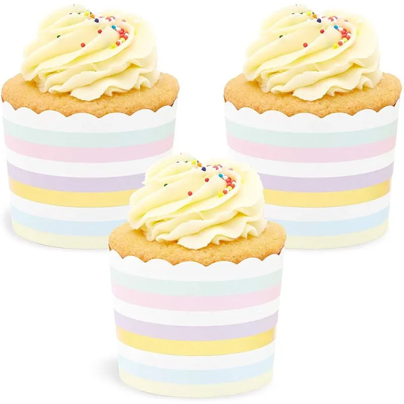 50-Pack Muffin Liners - Pastel and Gold Foil Striped Cupcake Wrappers Paper Baking Cups