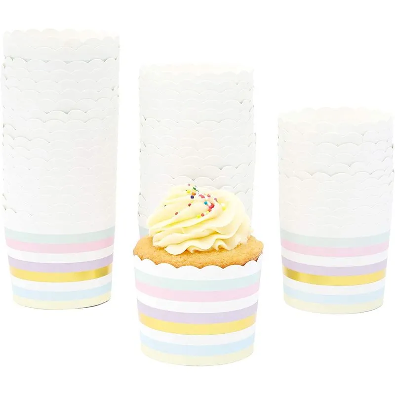 50-Pack Muffin Liners - Pastel and Gold Foil Striped Cupcake Wrappers Paper Baking Cups