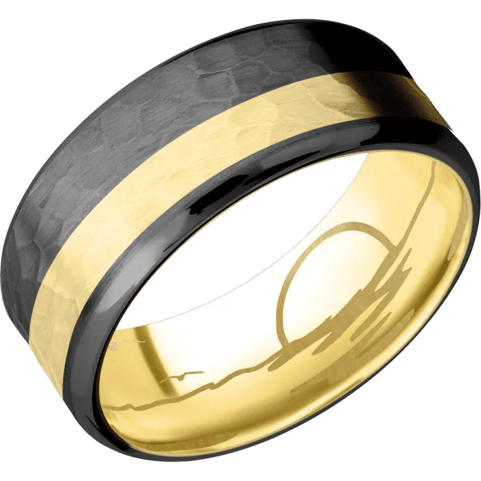 9mm wide Beveled Black Zirconium Ring with Hammer Finish / One 3mm Off Center 18k Yellow Gold Inlay with Hammer Finish / 18k Yellow Gold Sleeve / None Interior Pattern