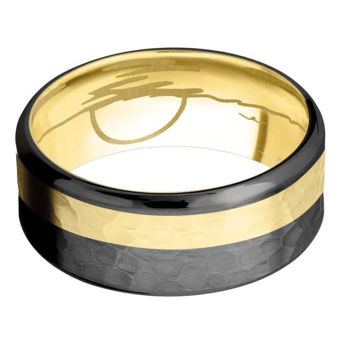 9mm wide Beveled Black Zirconium Ring with Hammer Finish / One 3mm Off Center 18k Yellow Gold Inlay with Hammer Finish / 18k Yellow Gold Sleeve / None Interior Pattern