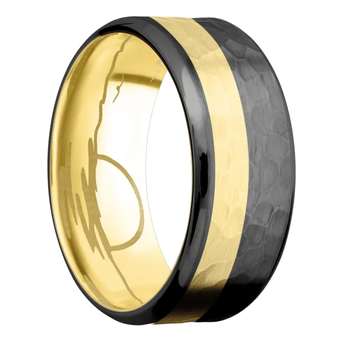 9mm wide Beveled Black Zirconium Ring with Hammer Finish / One 3mm Off Center 18k Yellow Gold Inlay with Hammer Finish / 18k Yellow Gold Sleeve / None Interior Pattern