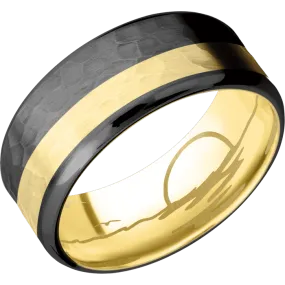 9mm wide Beveled Black Zirconium Ring with Hammer Finish / One 3mm Off Center 18k Yellow Gold Inlay with Hammer Finish / 18k Yellow Gold Sleeve / None Interior Pattern