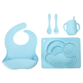 Baby Tableware Set Of 5 Blue - Divided Suction Plate, Cup, Spoon, Fork