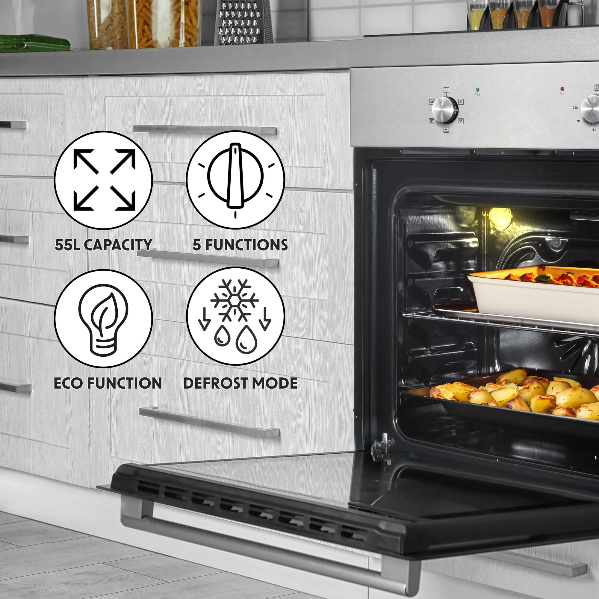 Baridi 60cm Built-In Five Function Fan Assisted Oven, 55L Capacity, Stainless Steel - DH125