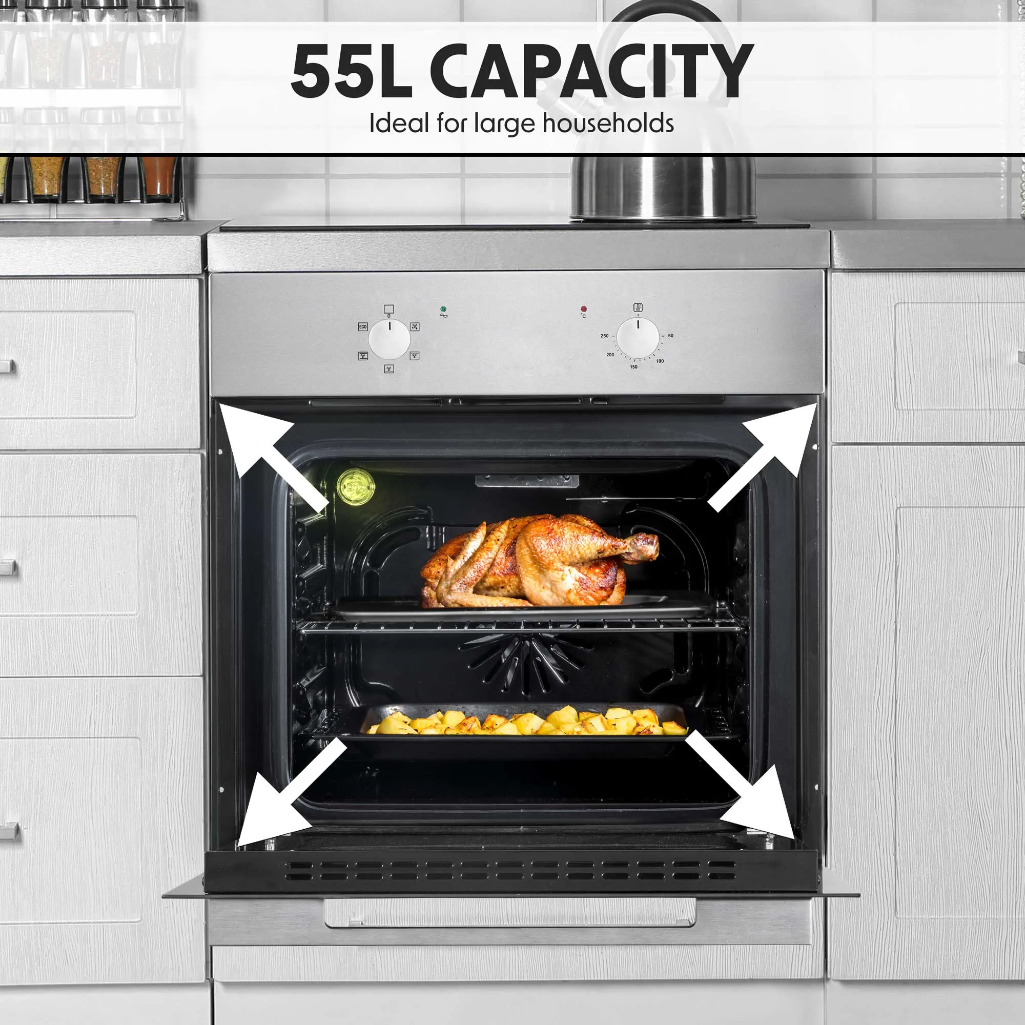 Baridi 60cm Built-In Five Function Fan Assisted Oven, 55L Capacity, Stainless Steel - DH125