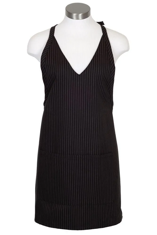 Black & Gray V-Neck Pinstripe Bib Adjustable Apron (2 Patch Pockets)