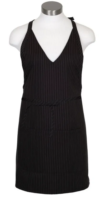 Black & Gray V-Neck Pinstripe Bib Adjustable Apron (2 Patch Pockets)