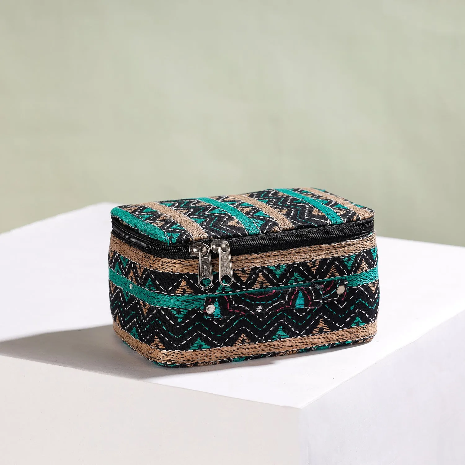 Black - Bengal Kantha Work Handcrafted Jewelry Box with Mirror