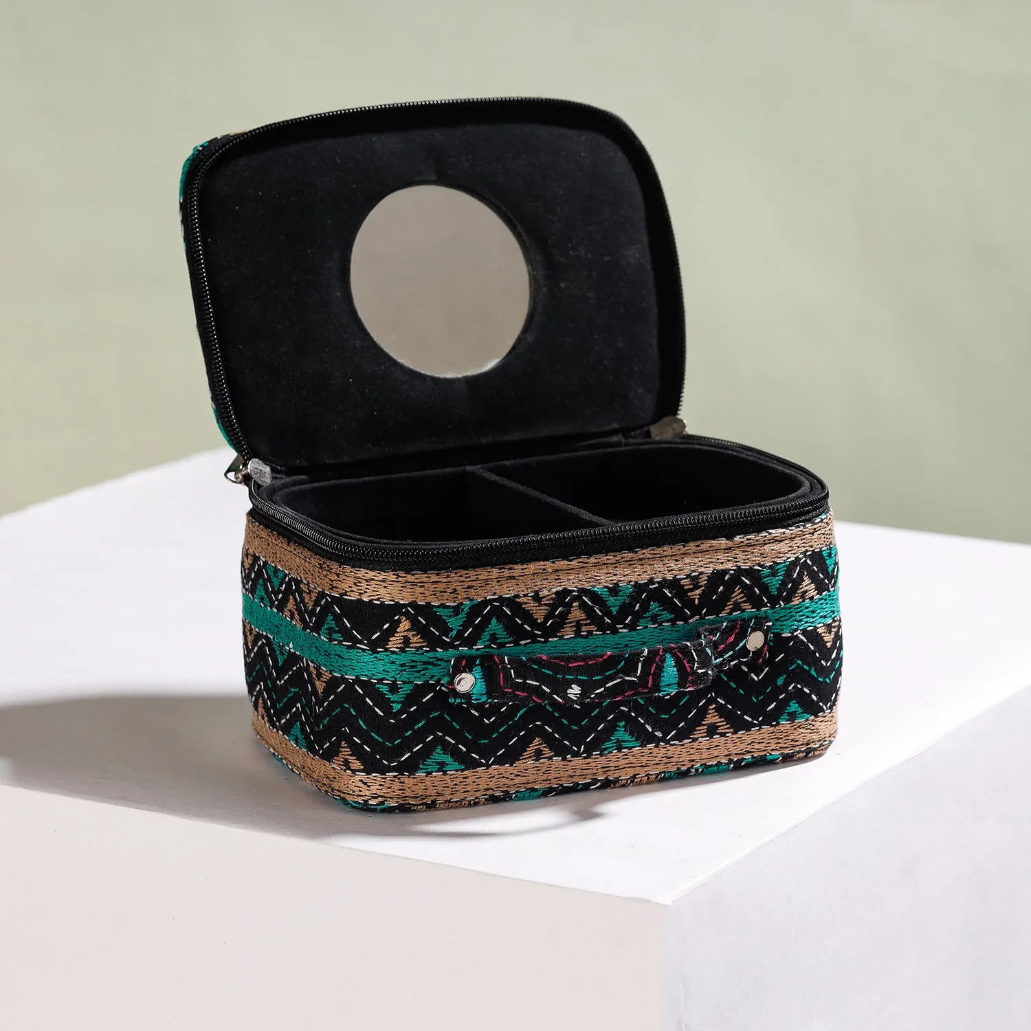 Black - Bengal Kantha Work Handcrafted Jewelry Box with Mirror