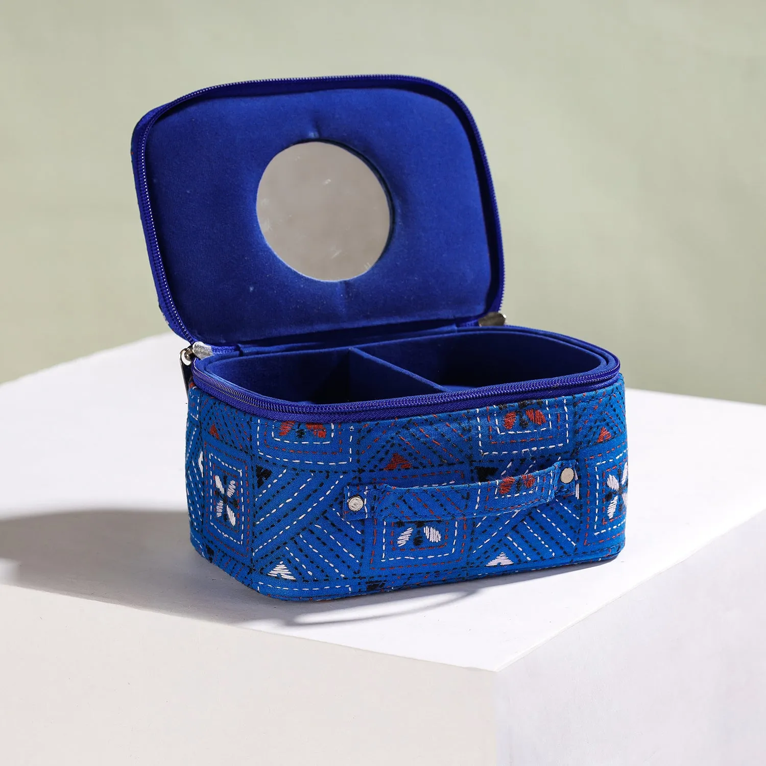 Blue - Bengal Kantha Work Handcrafted Jewelry Box with Mirror