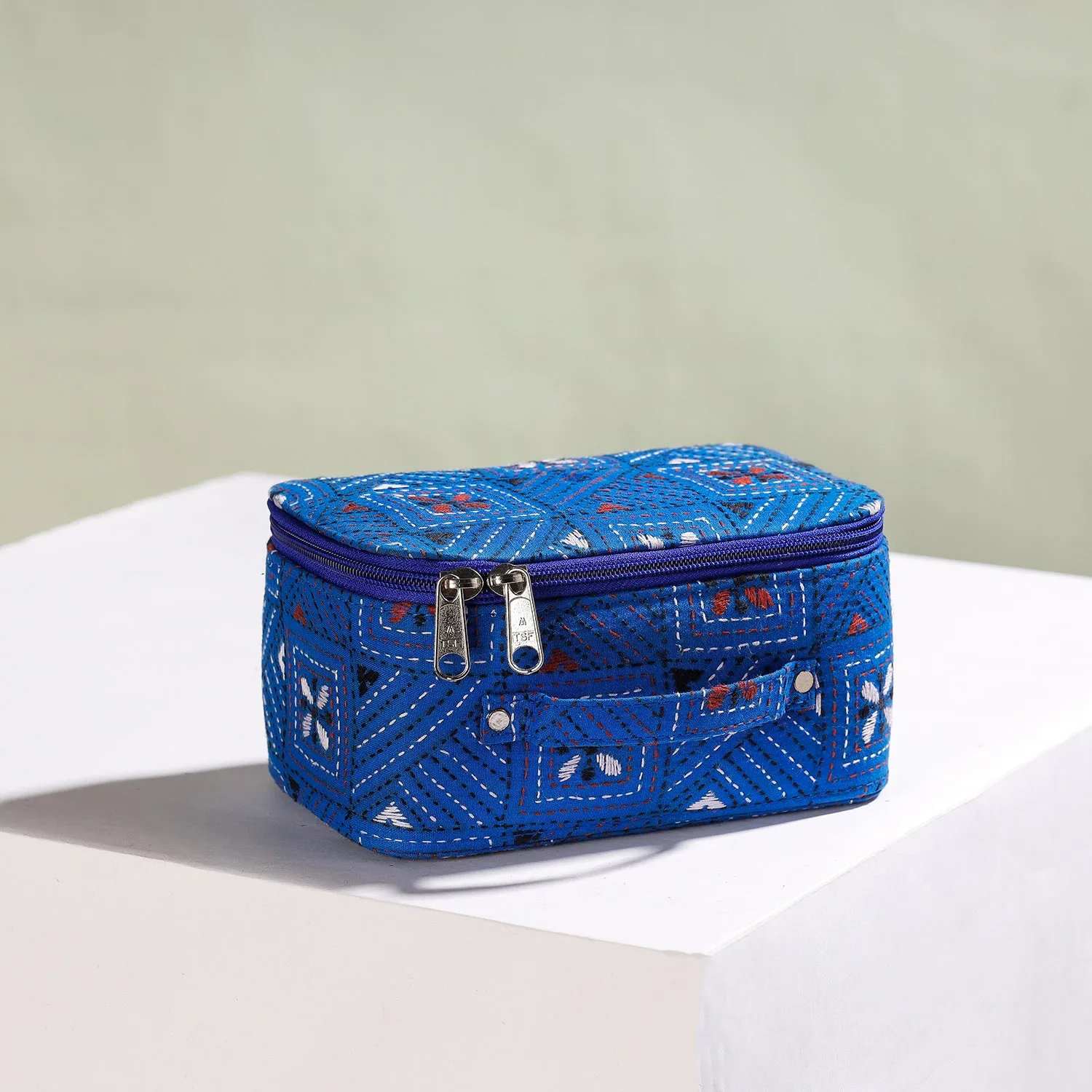 Blue - Bengal Kantha Work Handcrafted Jewelry Box with Mirror