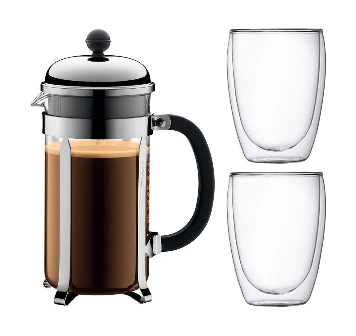 Bodum Chambord Set Coffee Maker And 2 Double Walled Glasses Chrome 8 Cups, 2 Pcs.