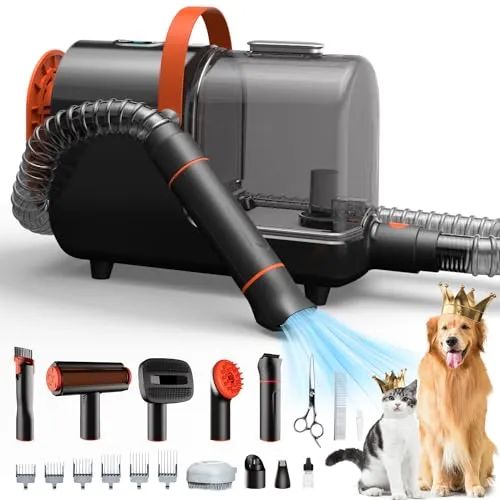 Bunfly Dog Hair Vacuum & Pet Grooming Kit - 13,000KPa Powerful Suction, 99% Pet Hair Removal, 3.5L Capacity, 16 Grooming Tools for Dogs, Cats & More, Home Cleaning- Black&Orange