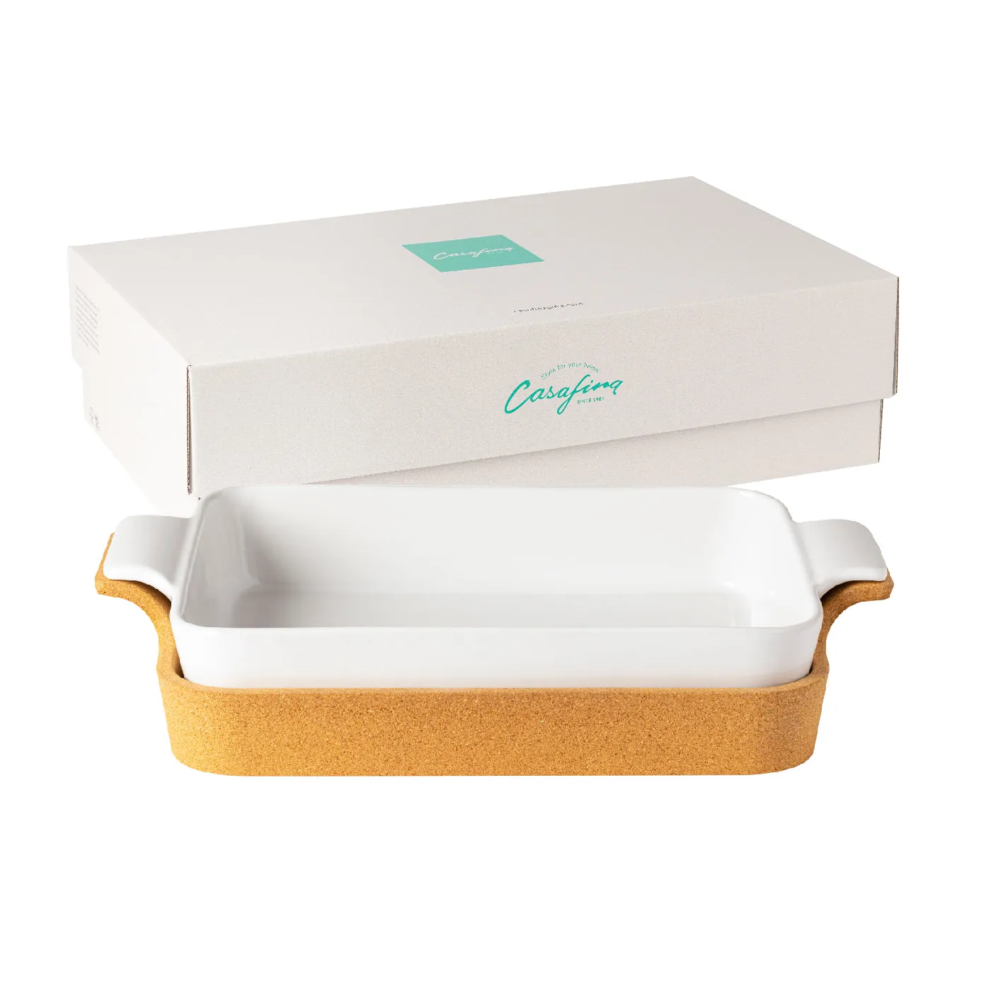 Casafina Ensemble 16" Rectangular White Baker with Cork Tray