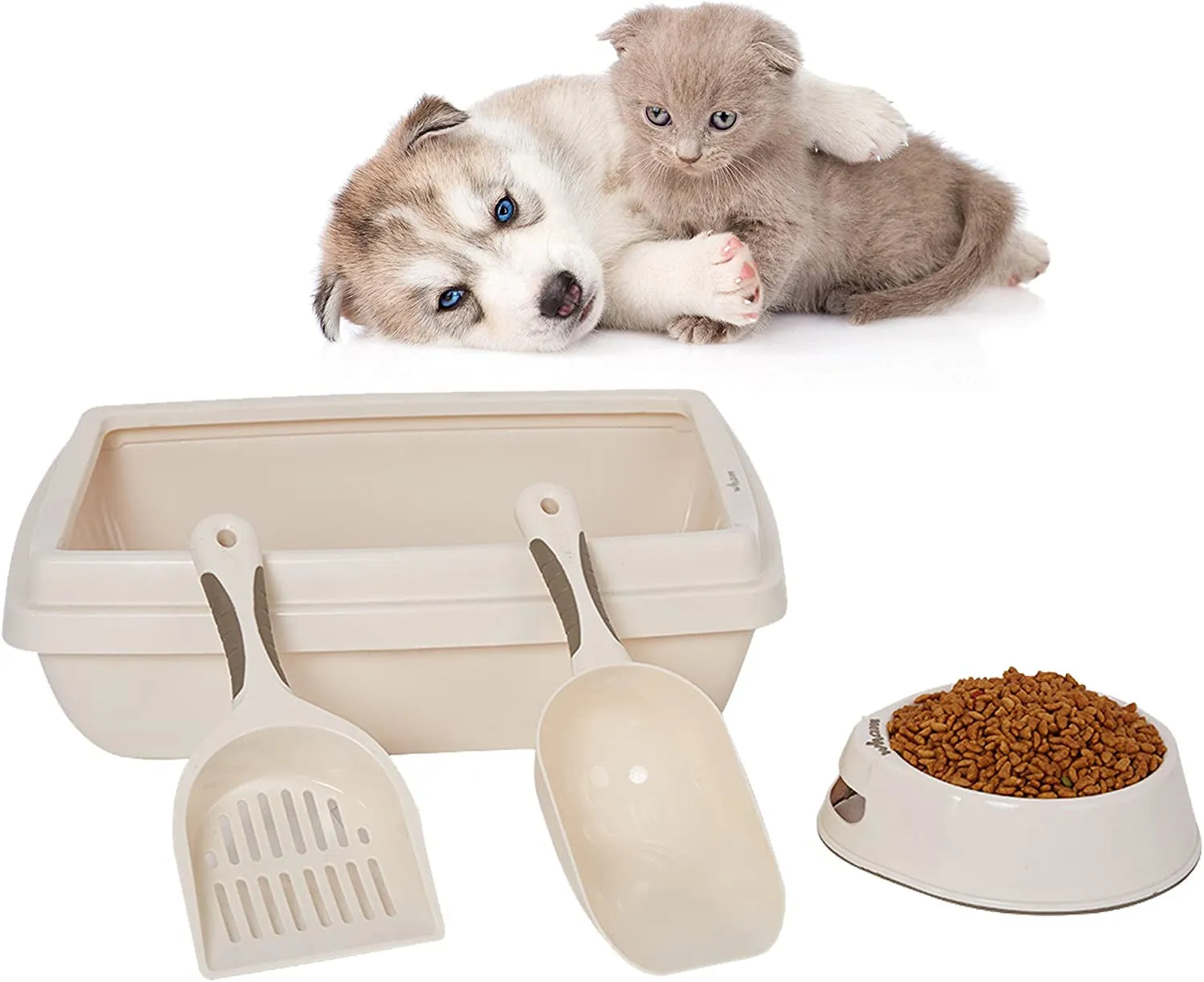 Cat Litter Pan Set: Plastic Box, Food Bowl, Scoop Shovel