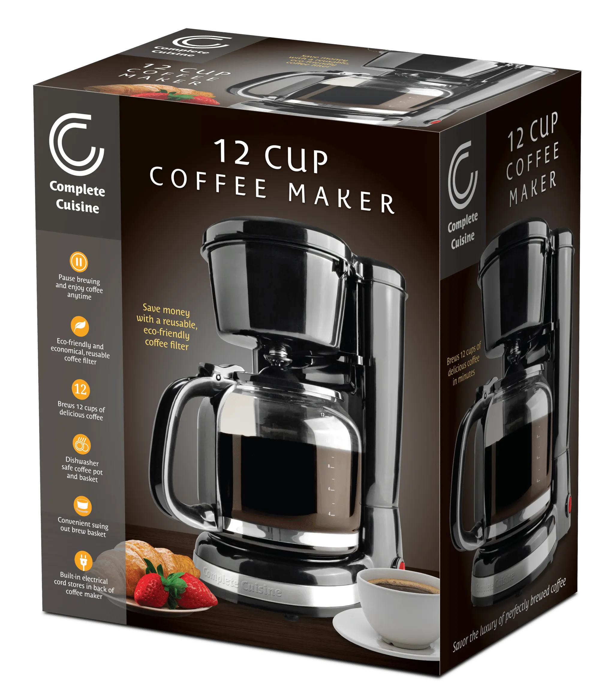 Complete Cuisine-12 Cup Coffee Maker With Reusable Filter, Black & Stainless Steel- ECO - Friendly Coffee Filter