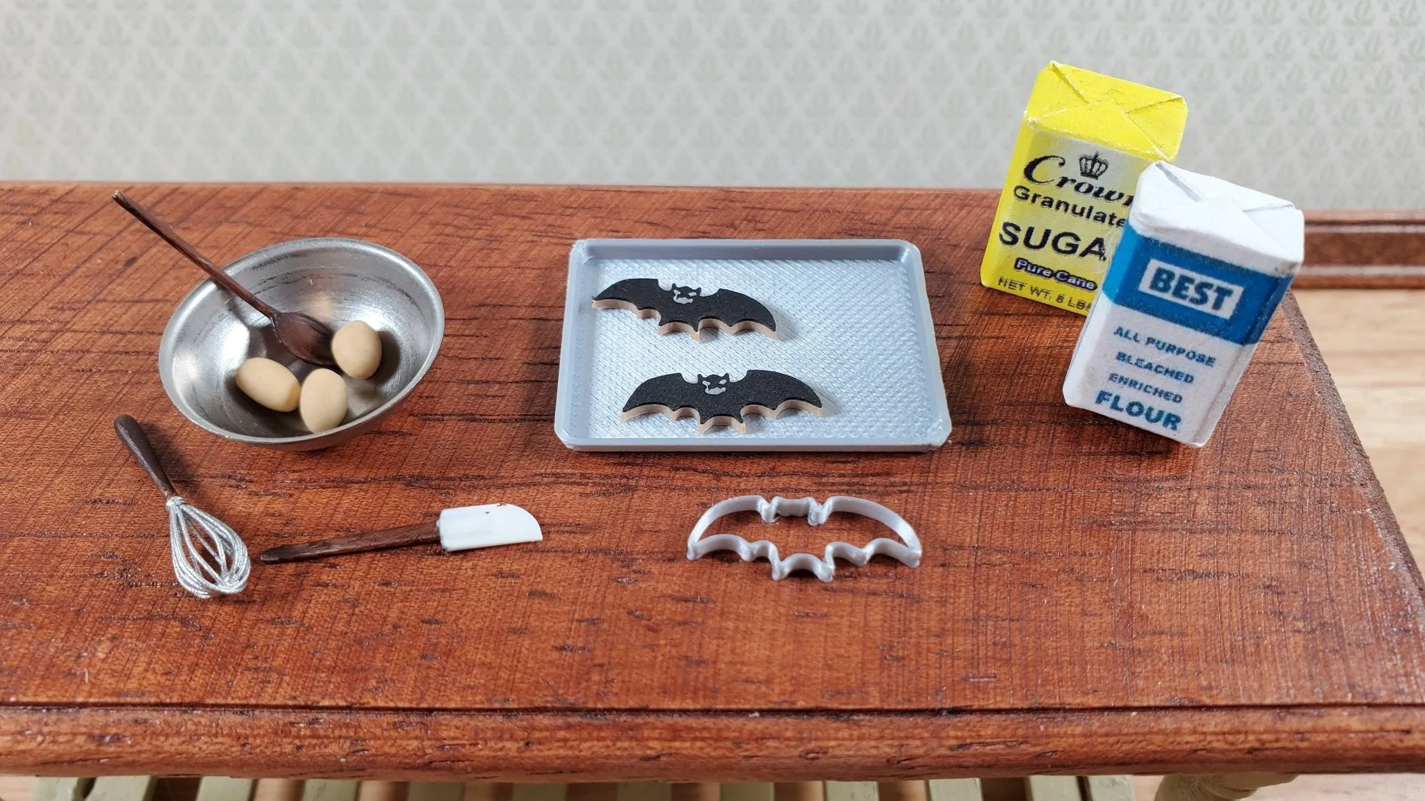 Dollhouse 2 Bat Cookies Baking Tray and Cutter 1:12 Scale Halloween Miniatures