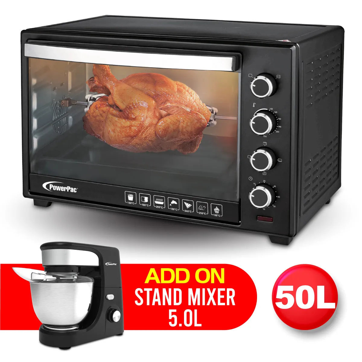 Electric Oven 50L with Rotisserie & Convection Functions, 2 Trays & Wire Mesh (PPT45)