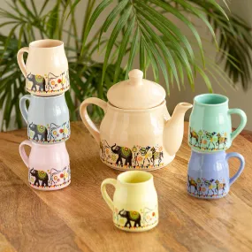 'Elephant Motif' Handcrafted Ceramic Tea Cups & Kettle  Set (6 Cups, 1 Kettle)