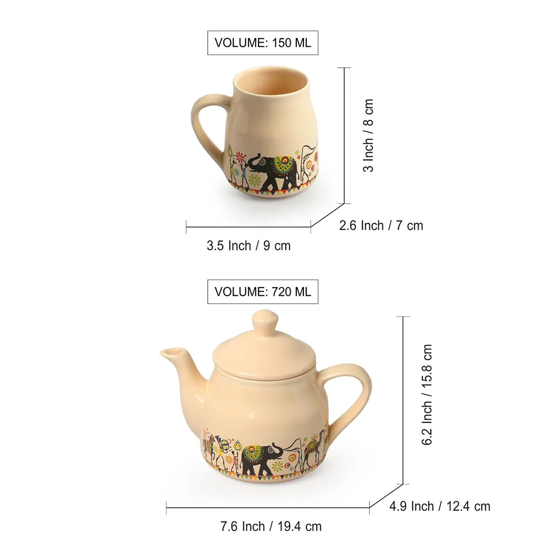 'Elephant Motif' Handcrafted Ceramic Tea Cups & Kettle  Set (6 Cups, 1 Kettle)