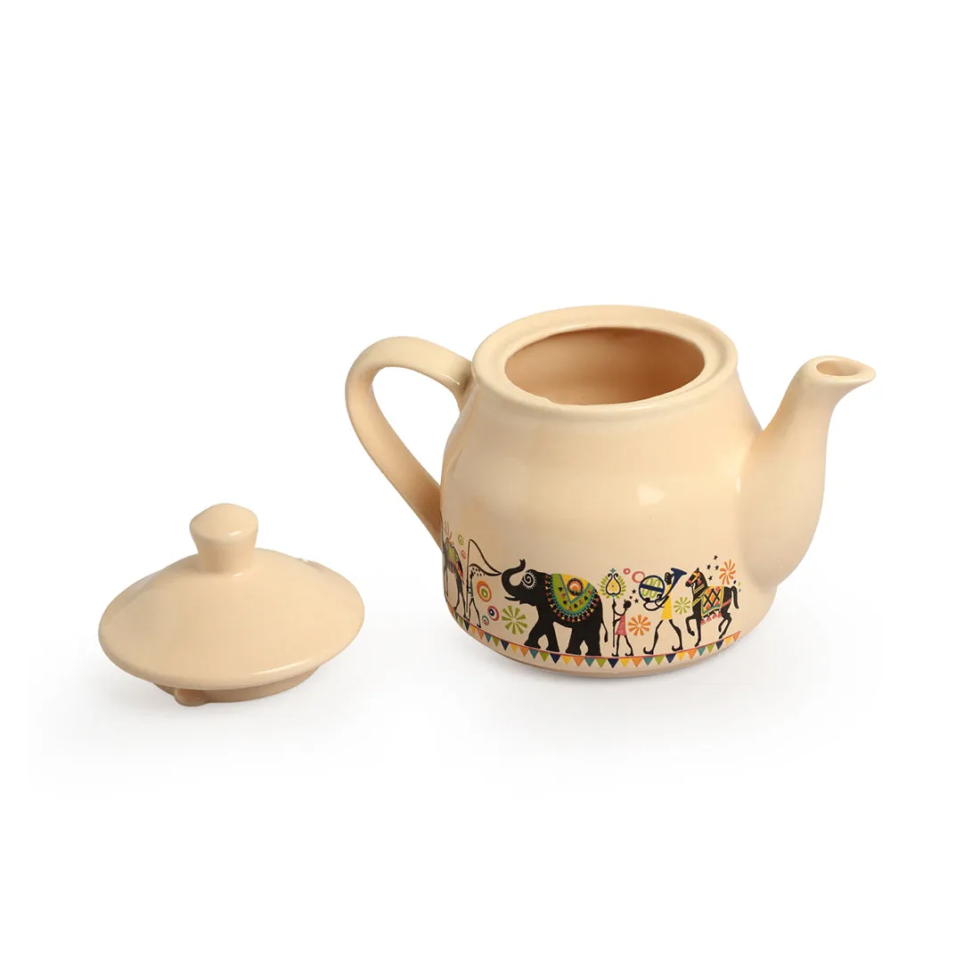 'Elephant Motif' Handcrafted Ceramic Tea Cups & Kettle  Set (6 Cups, 1 Kettle)