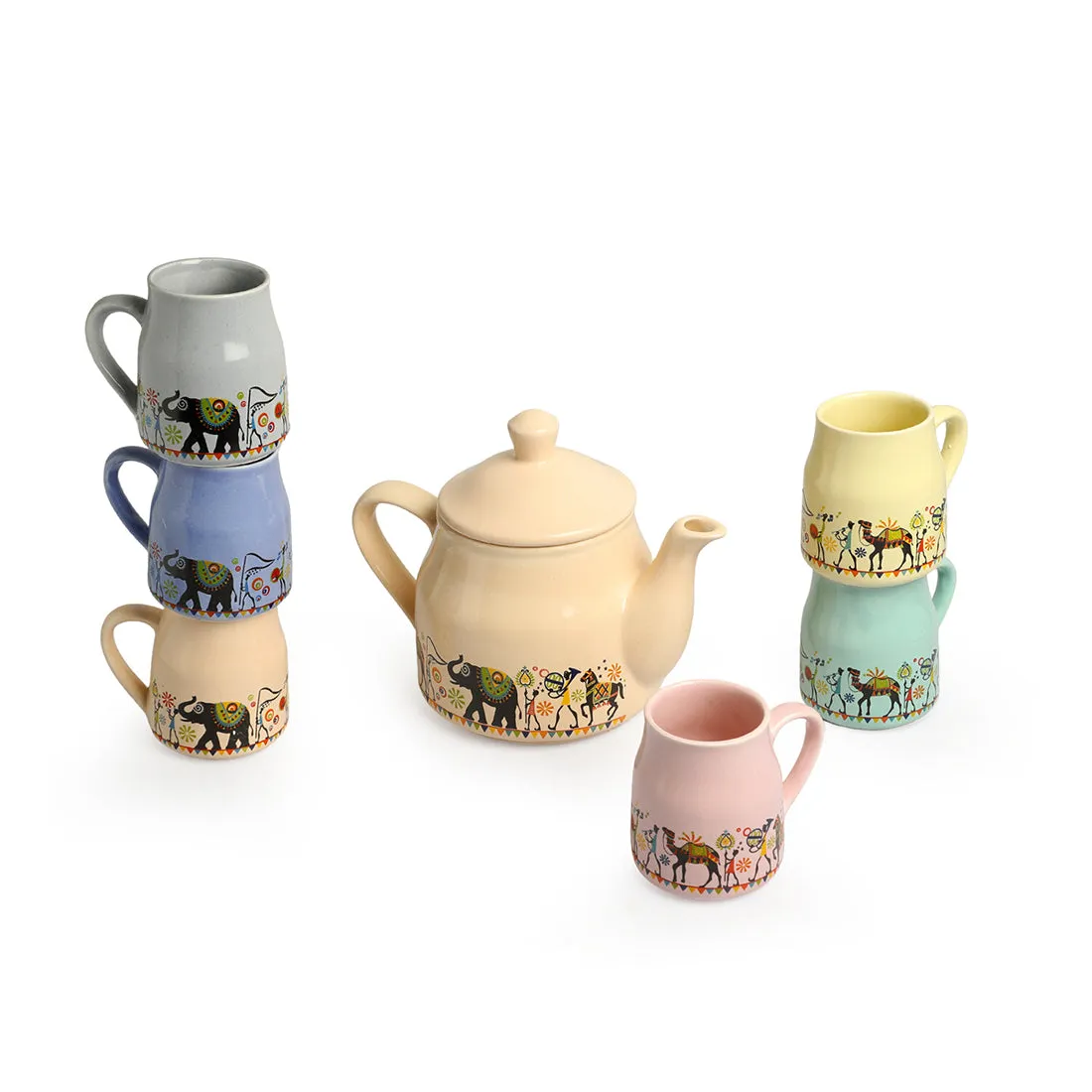 'Elephant Motif' Handcrafted Ceramic Tea Cups & Kettle  Set (6 Cups, 1 Kettle)