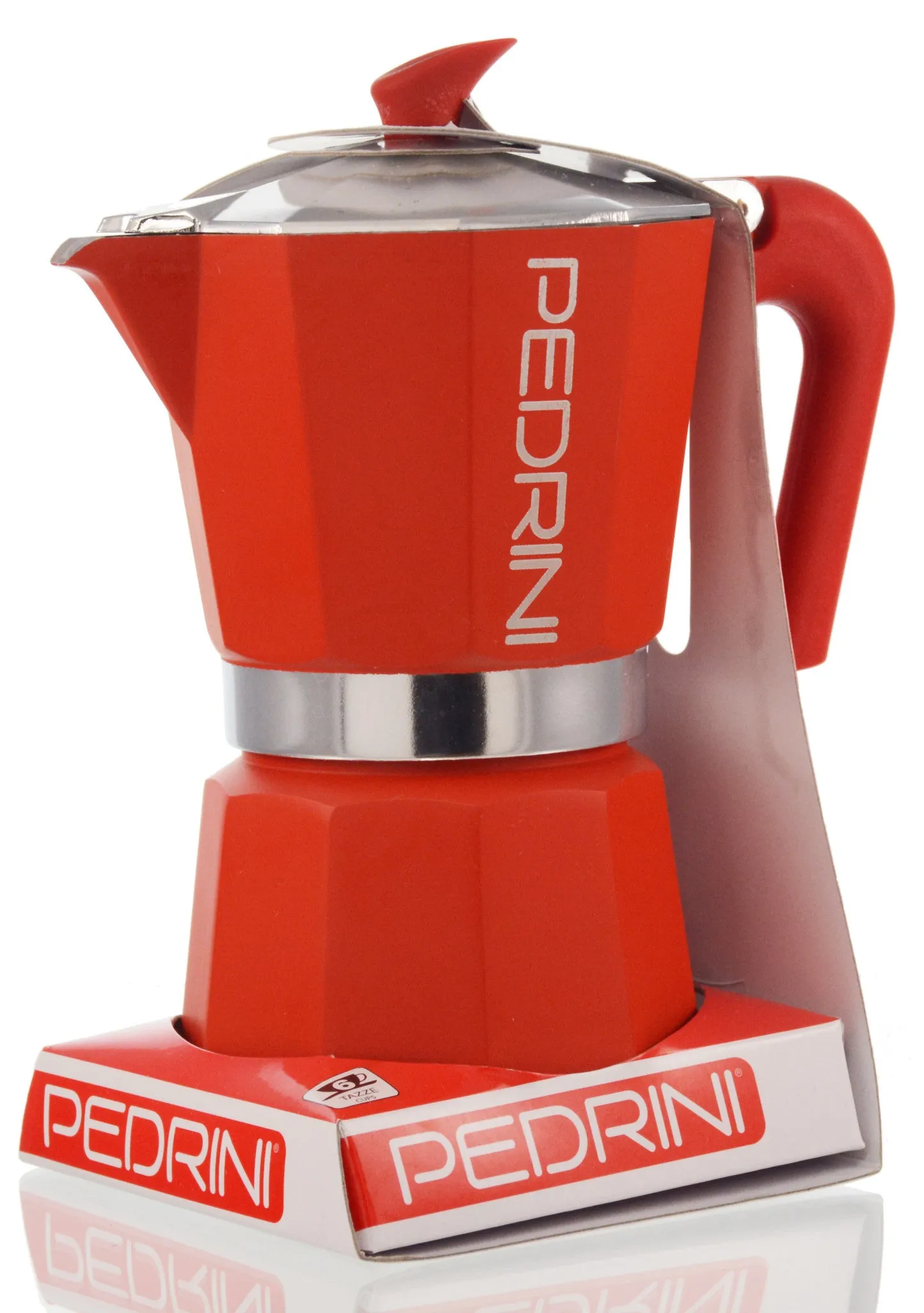 Espresso Coffee Maker Moka Pot: PEDRINI ITALY Polished Aluminium Stovetop Espresso Maker- Red, available in 4 sizes