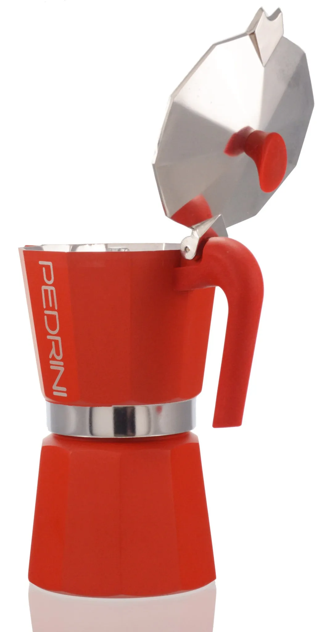 Espresso Coffee Maker Moka Pot: PEDRINI ITALY Polished Aluminium Stovetop Espresso Maker- Red, available in 4 sizes