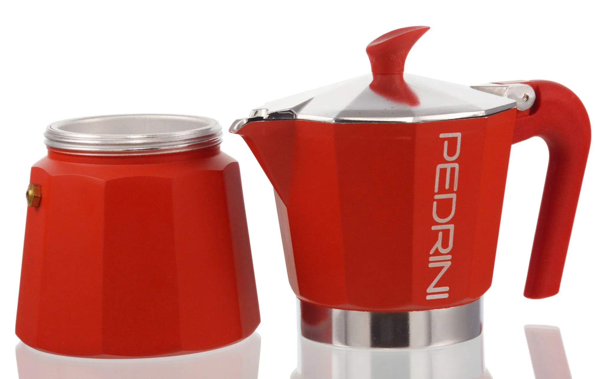 Espresso Coffee Maker Moka Pot: PEDRINI ITALY Polished Aluminium Stovetop Espresso Maker- Red, available in 4 sizes