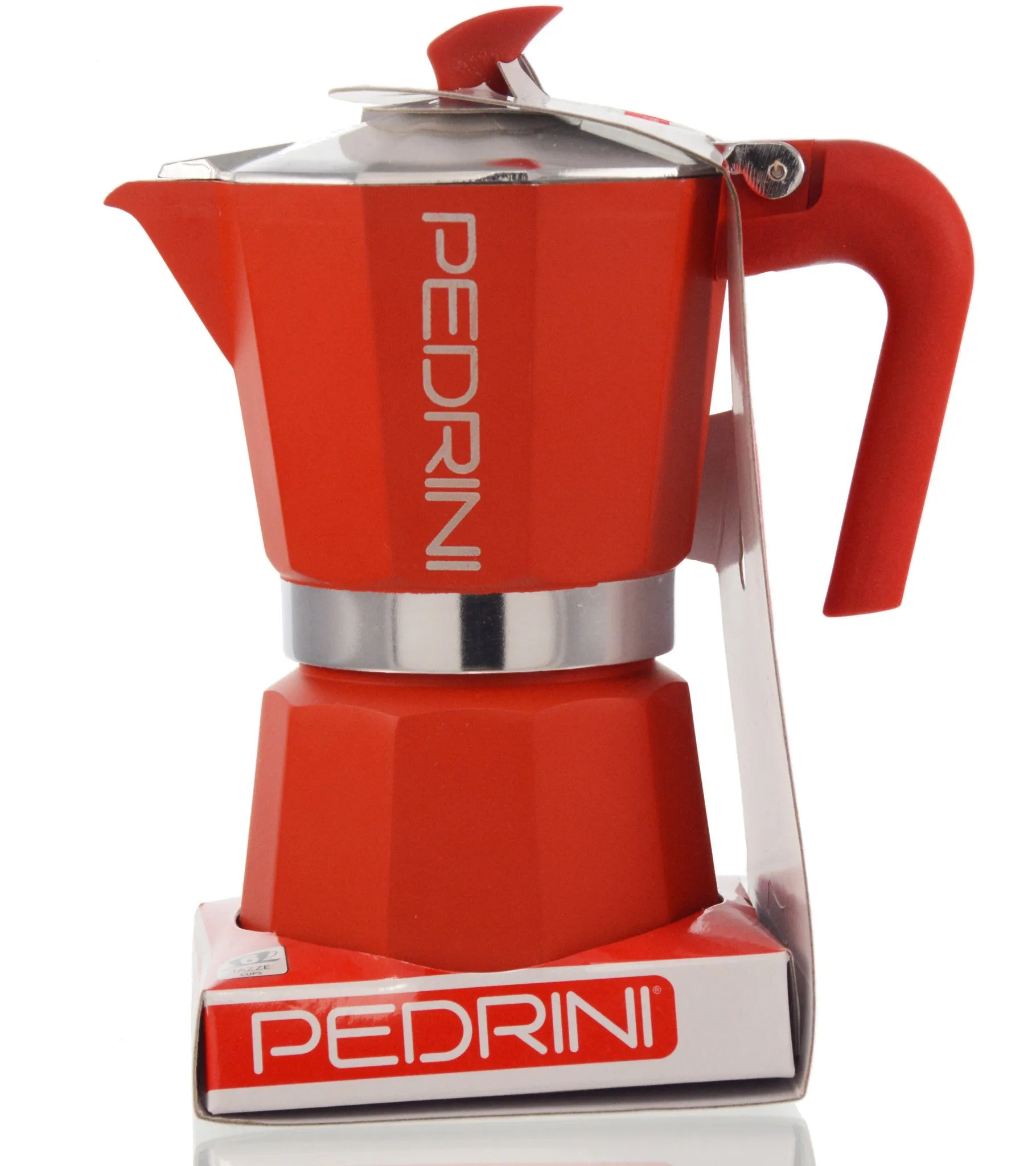 Espresso Coffee Maker Moka Pot: PEDRINI ITALY Polished Aluminium Stovetop Espresso Maker- Red, available in 4 sizes