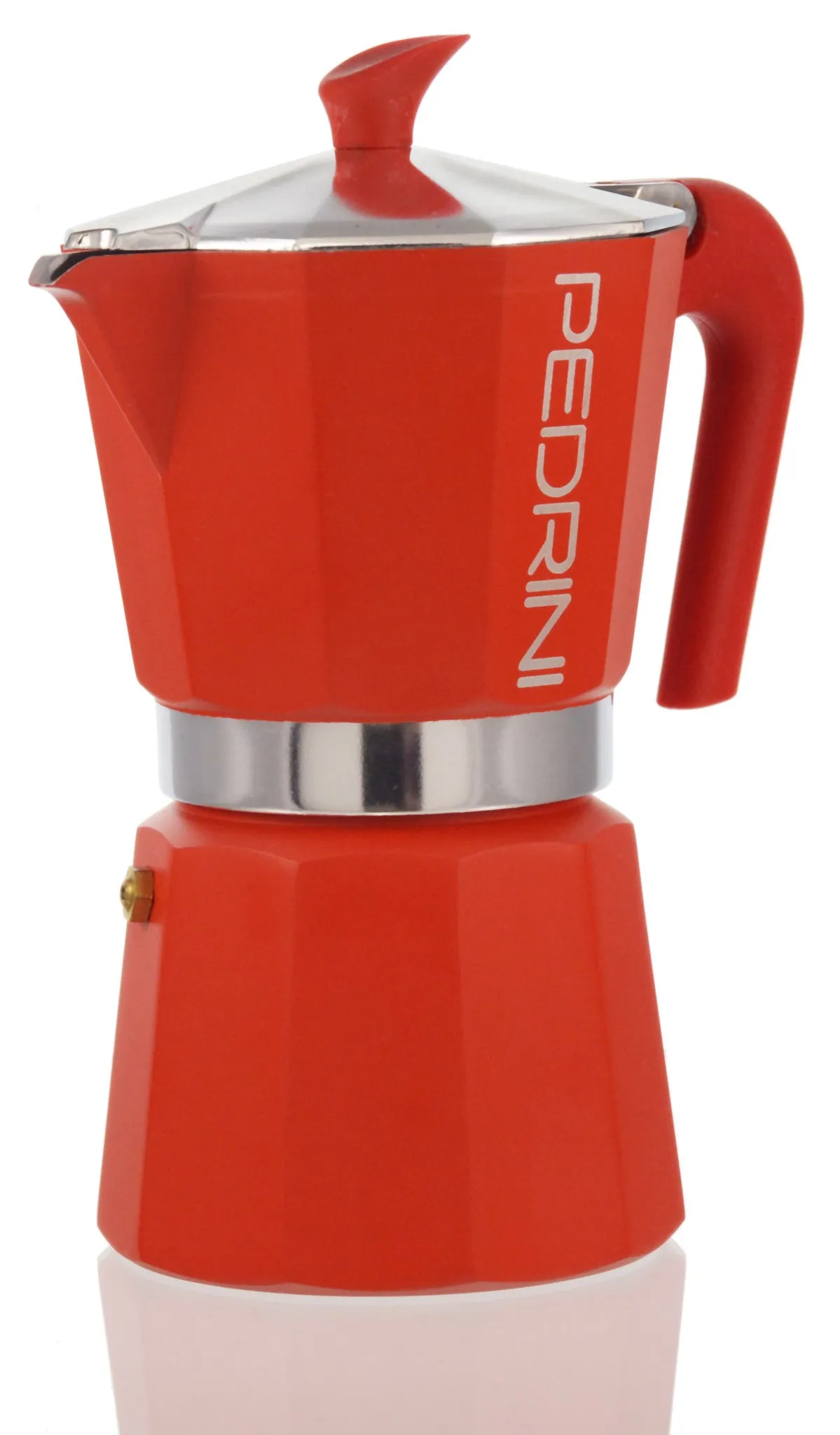 Espresso Coffee Maker Moka Pot: PEDRINI ITALY Polished Aluminium Stovetop Espresso Maker- Red, available in 4 sizes