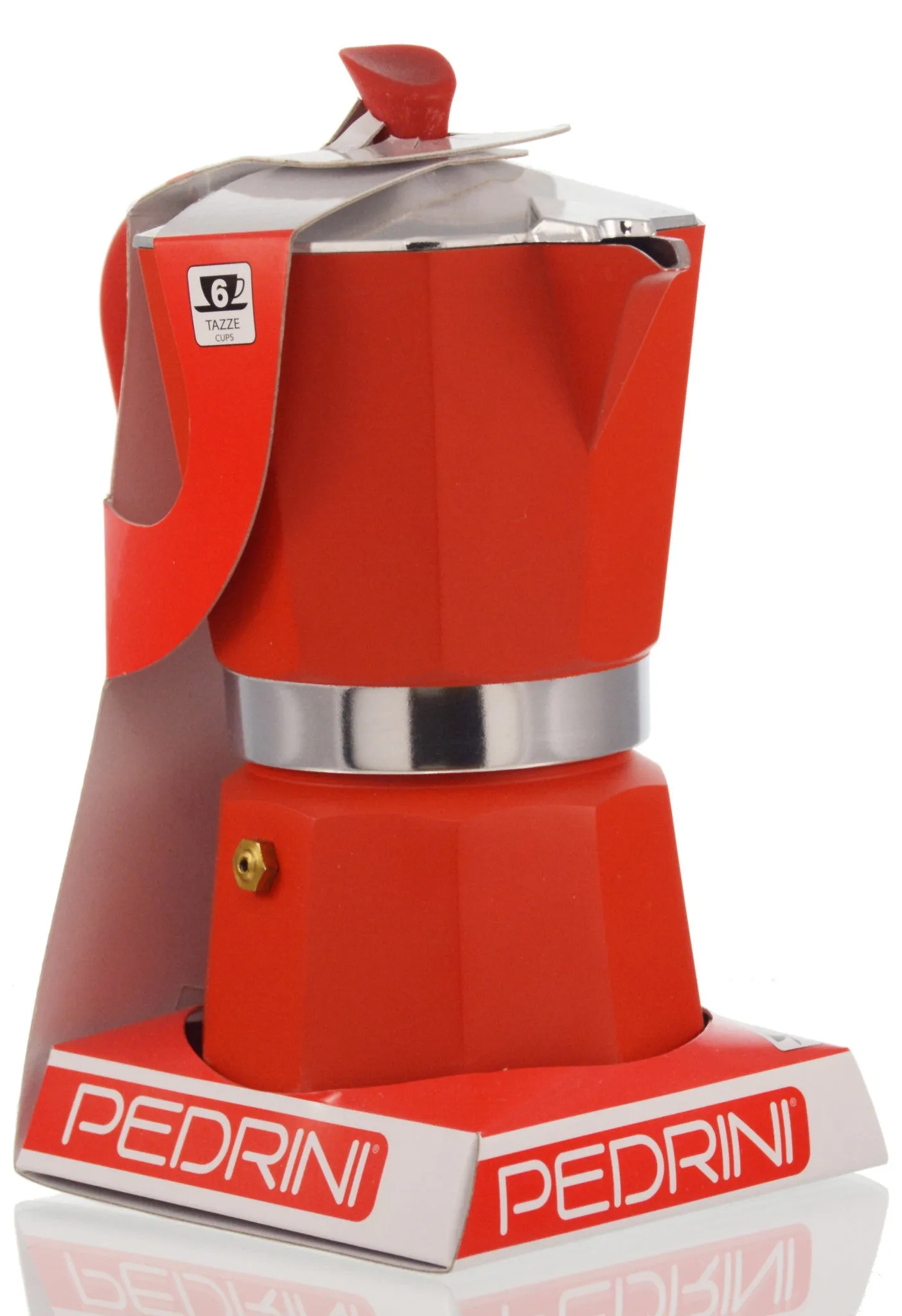 Espresso Coffee Maker Moka Pot: PEDRINI ITALY Polished Aluminium Stovetop Espresso Maker- Red, available in 4 sizes