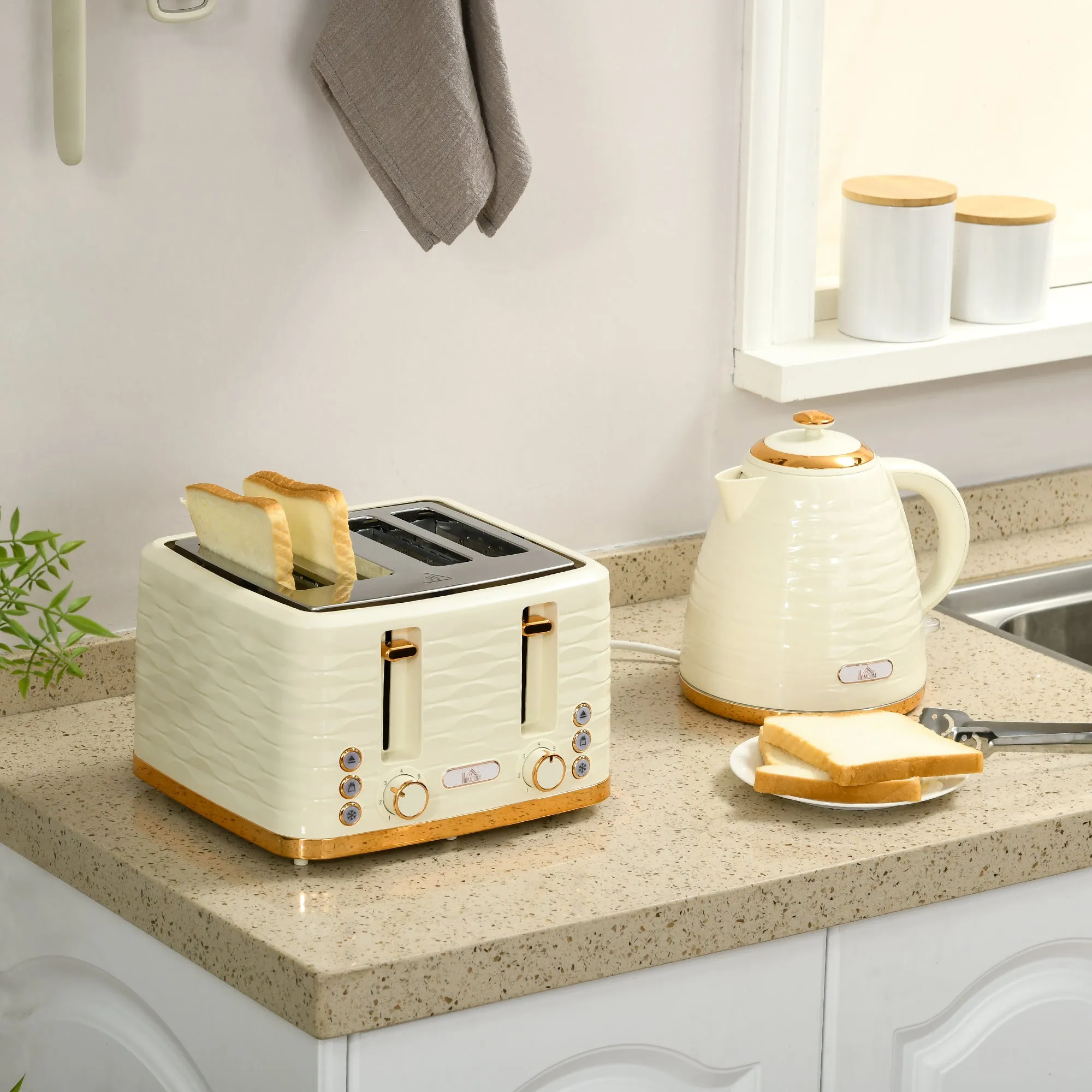 HOMCOM Kettle and Toaster Set 1.7L Rapid Boil Kettle & 4 Slice Toaster Beige