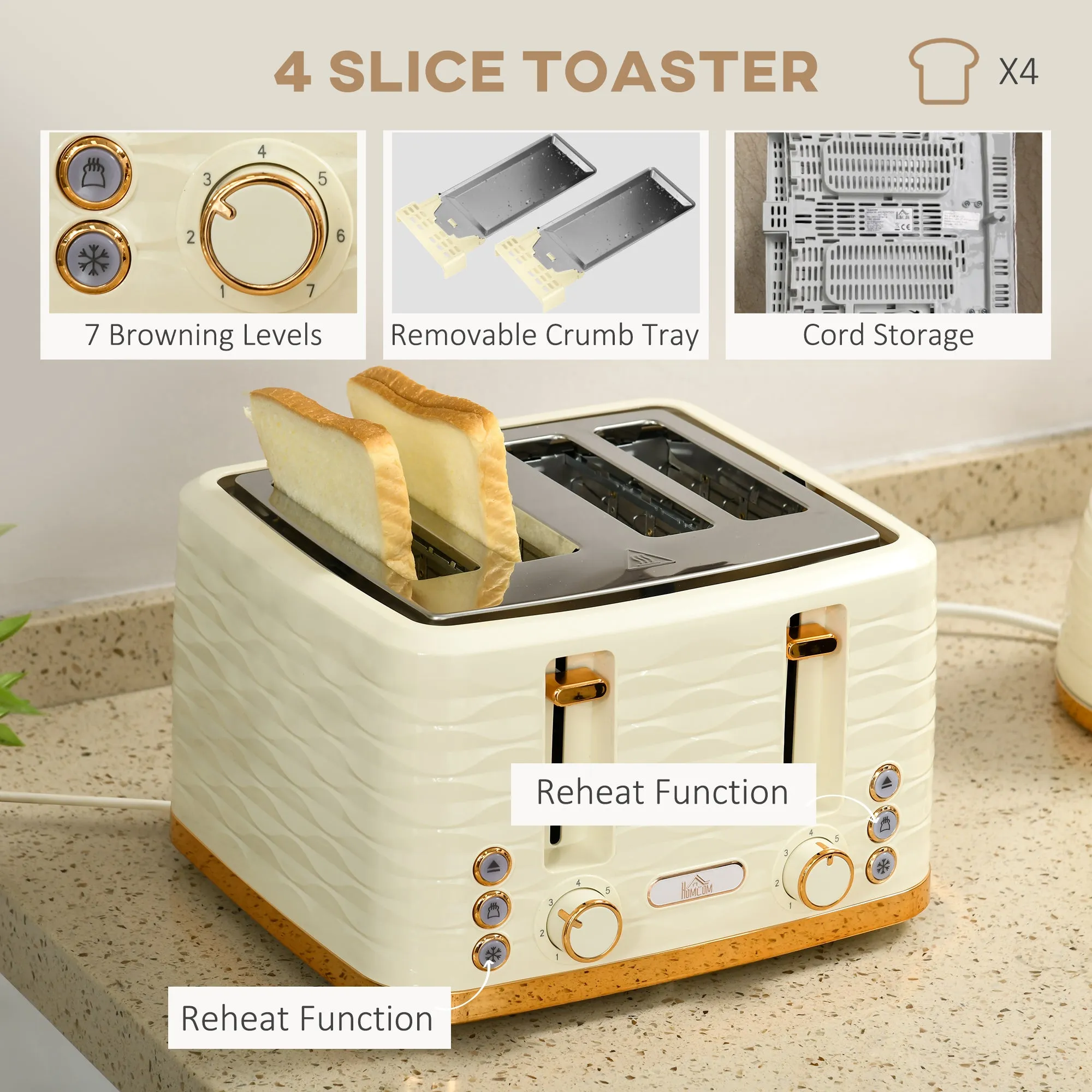 HOMCOM Kettle and Toaster Set 1.7L Rapid Boil Kettle & 4 Slice Toaster Beige