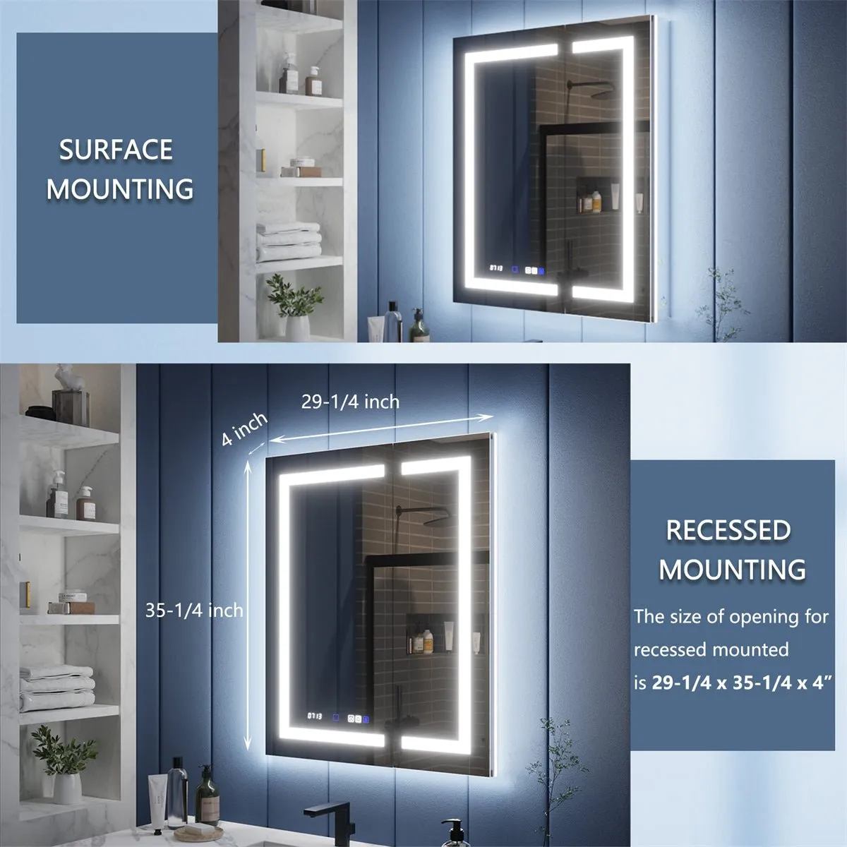 Illusion-B 30" x 36" LED Lighted Inset Mirrored Medicine Cabinet with Magnifiers Front and Back Light