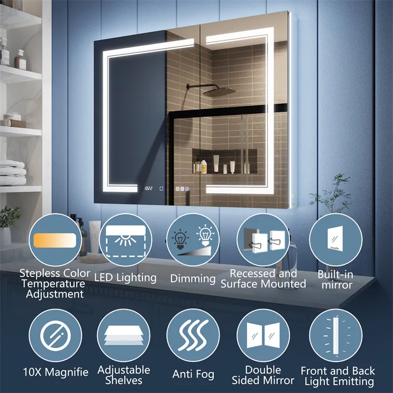 Illusion-B 40" x 32" LED Lighted Inset Mirrored Medicine Cabinet with Magnifiers Front and Back Light