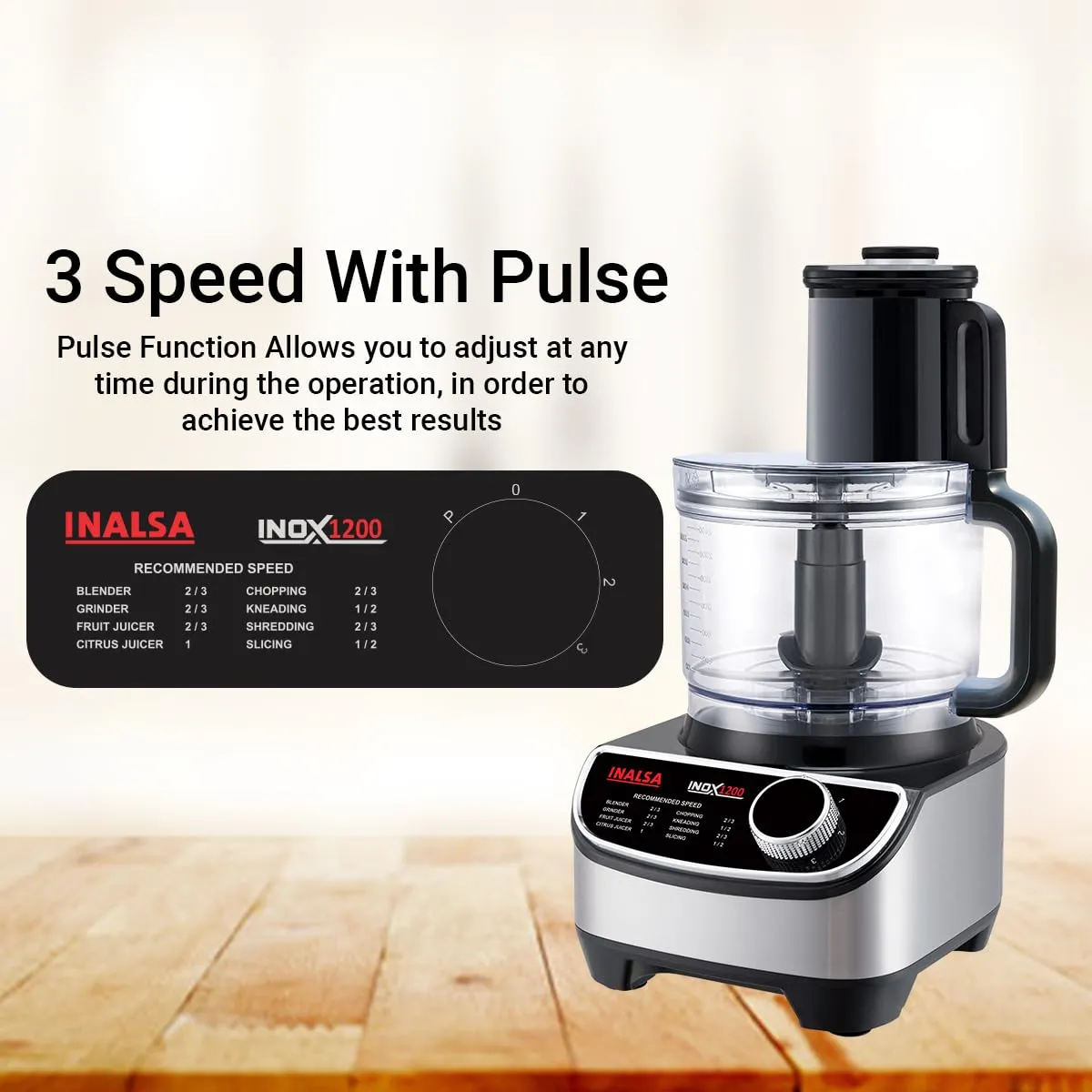 INALSA Food Processor (INOX 1200) with Mixer Grinder Juicer |1200 watt_hours Copper Motor|3 Jars|2.5 L Processing Jar|Chopping & Kneading Blade |Centrifugal/Citrus Juicer|Shredding, Slicing