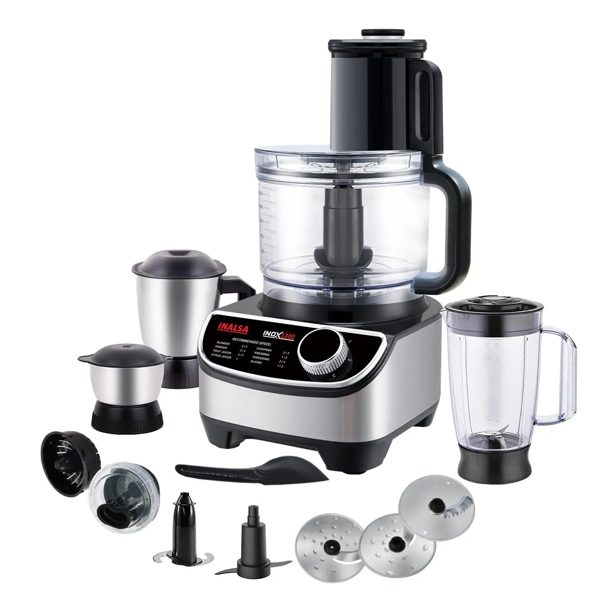 INALSA Food Processor (INOX 1200) with Mixer Grinder Juicer |1200 watt_hours Copper Motor|3 Jars|2.5 L Processing Jar|Chopping & Kneading Blade |Centrifugal/Citrus Juicer|Shredding, Slicing