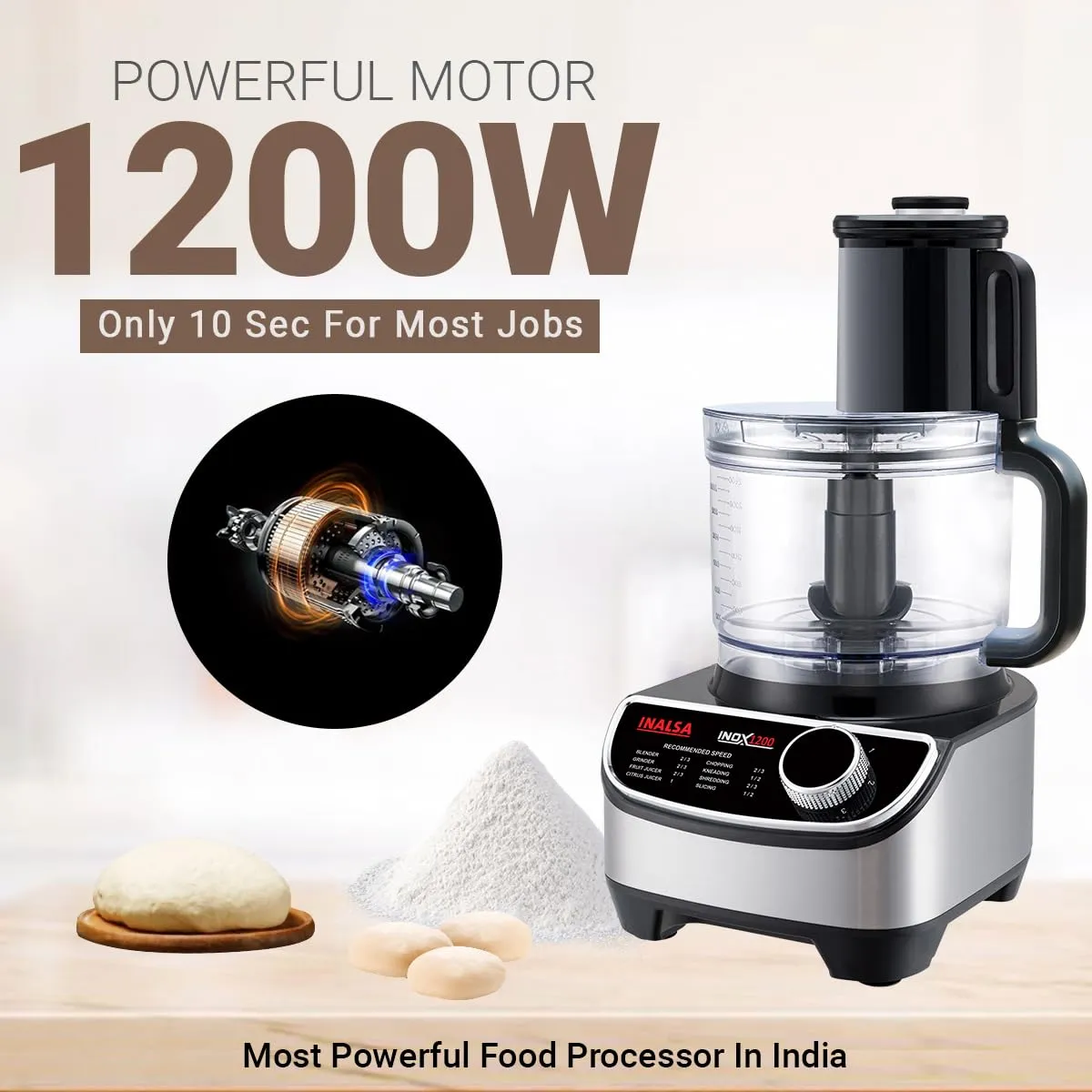 INALSA Food Processor (INOX 1200) with Mixer Grinder Juicer |1200 watt_hours Copper Motor|3 Jars|2.5 L Processing Jar|Chopping & Kneading Blade |Centrifugal/Citrus Juicer|Shredding, Slicing