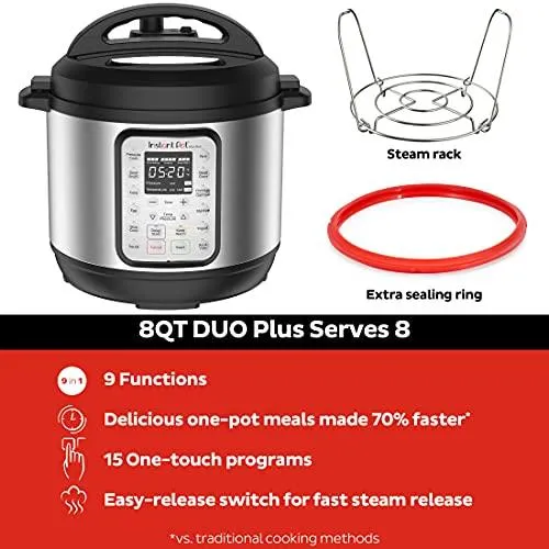 Instant Pot Duo Plus 8 Quart 9-in-1 Electric Pressure Cooker, Slow Cooker, Rice Cooker, Steamer, Saute, Yogurt Maker & Warmer, Sterilizer, 15 One-Touch Programs