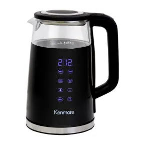 Kenmore Double-Walled Glass Electric Kettle 1.7L, Digital Programmable Tea-Kettle, 4 Temperature Pre-Sets, Touch-Activated Controls, Cordless Pouring, Cool-Touch Hot Water Boiler, Keep Warm, Black