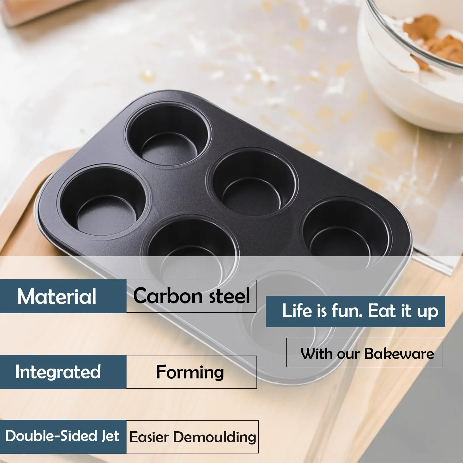 Kuber Industries 6 Slots Non-Stick Cup Cake Tray|Cup Cake Mould for Baking|Idol for Muffin, Small Cake-Pack of 2 (Black)