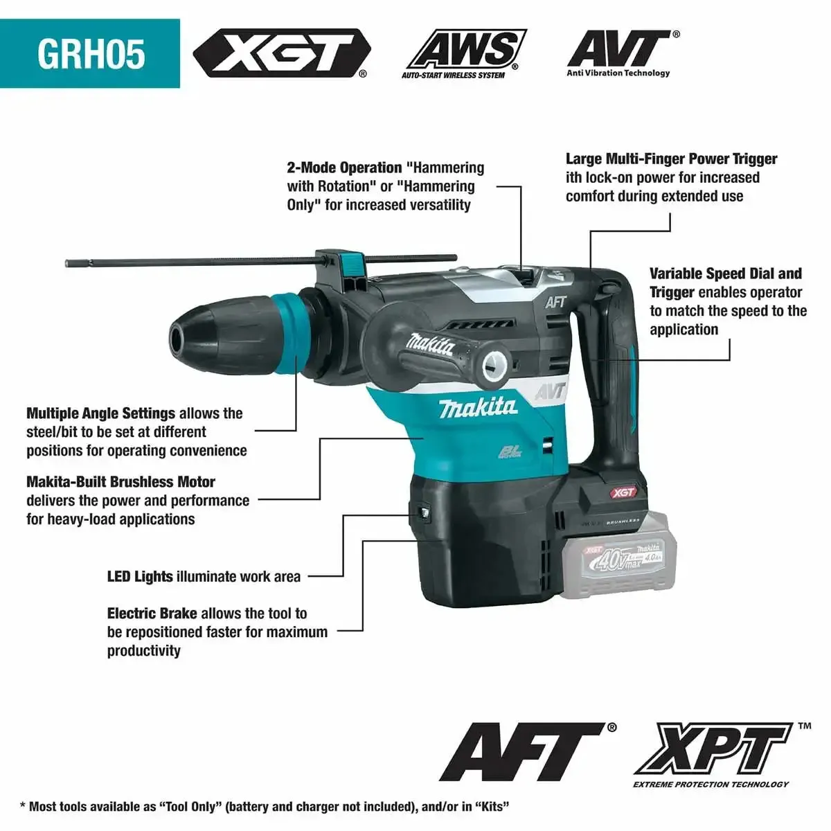 Makita 40V max XGT Brushless Cordless 1-9/16" AVT Rotary Hammer