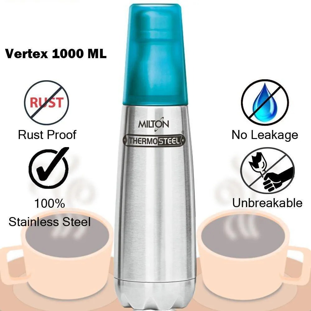 Milton Vertex-1000 Thermosteel Water Bottle with Blue Cap, 1 Litre, Silver