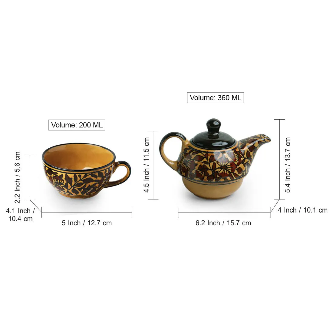 'Mughal Floral' Handpainted Ceramic Cup & Kettle Tea Set (Microwave Safe)