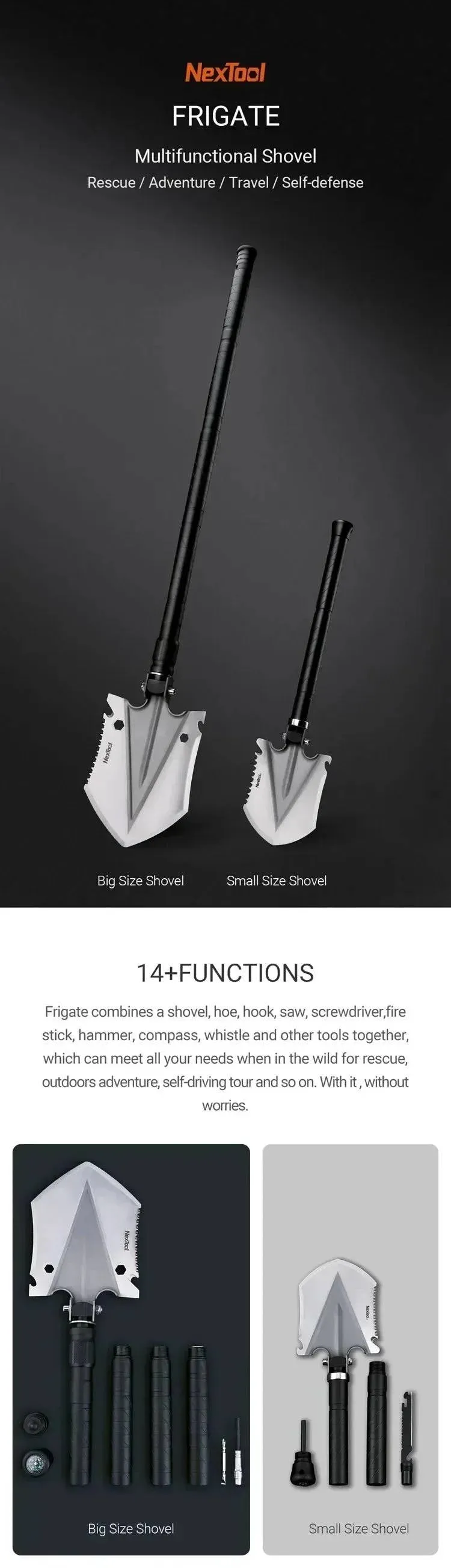 NexTool Outdoor Folding Shovel 14 in 1 Multi-functional Shovel Multitool Camping Hoe Axe Hammer Wood Saw Knife Survival Tool