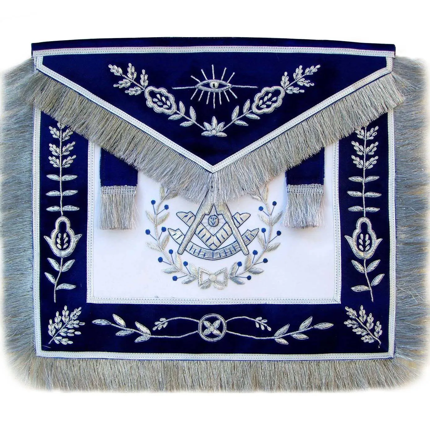 Past Master Blue Lodge Apron - Hand Embroidered Vinework & Silver Fringe Tassels