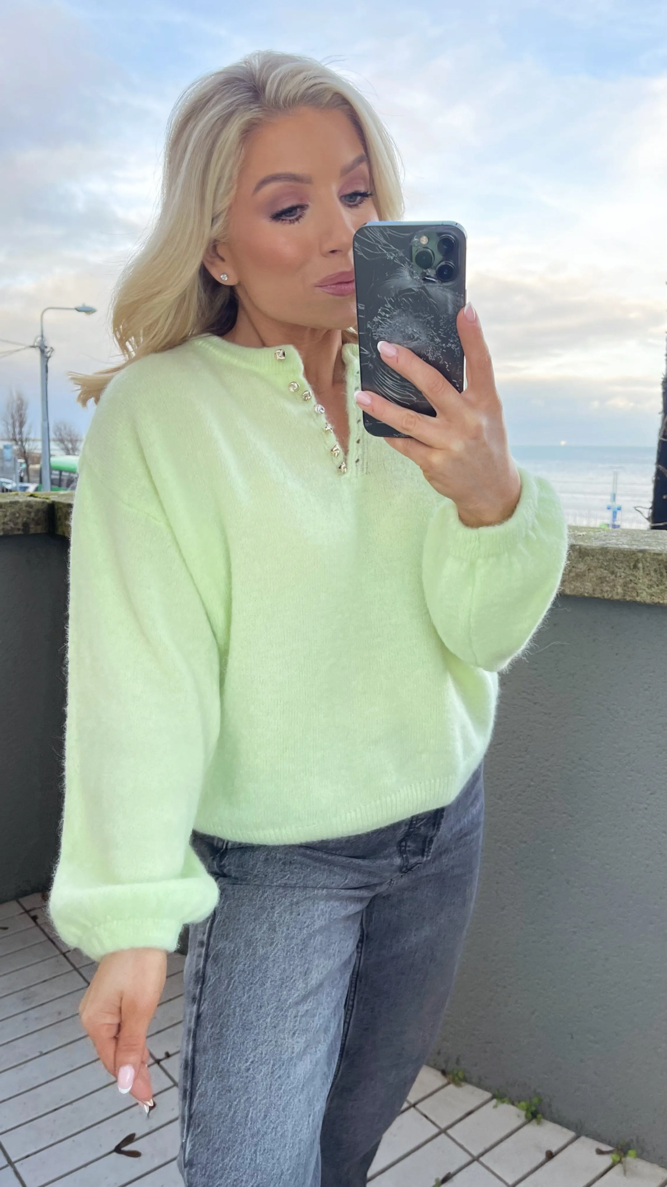 PERRY BUTTON FRONT SWEATER - PASTEL LIME